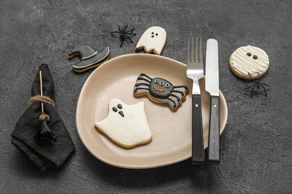 Table Setting Cookies Halloween Celebration Black Background — Stock Photo, Image