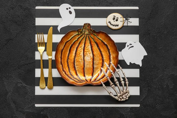 Pumpkin Shaped Plate Halloween Decor Black Background — Stock Photo, Image