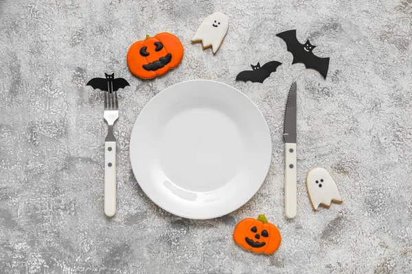 Table Setting Decor Halloween Celebration Light Background — Stock Photo, Image
