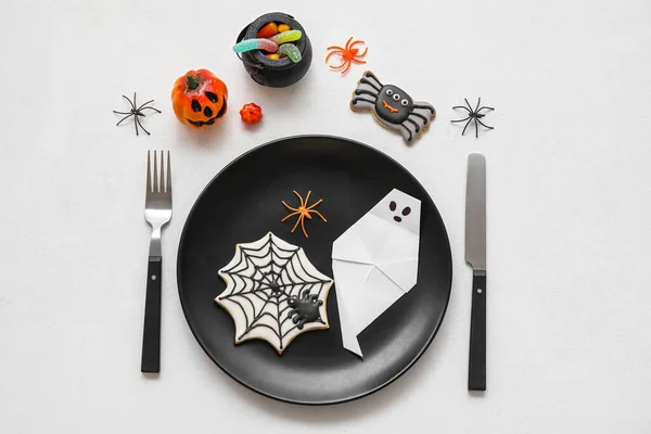 Table Setting Cookies Halloween Celebration White Background — Stock Photo, Image