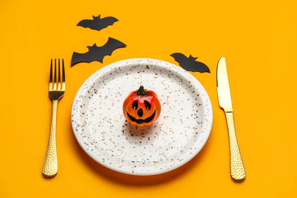 Table Setting Halloween Party Pumpkin Bats Color Background — Stock Photo, Image