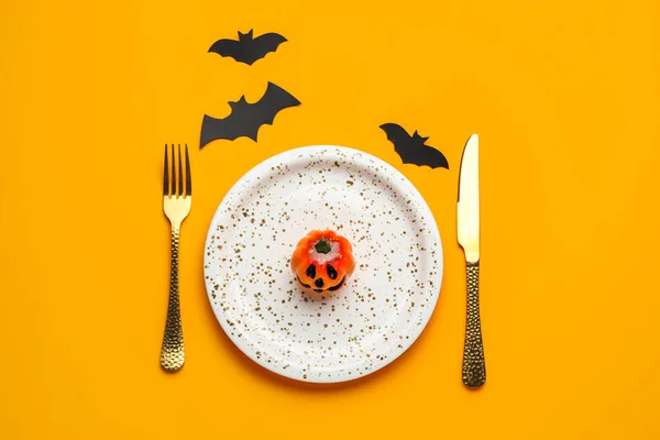 Table Setting Halloween Party Pumpkin Bats Color Background — Stock Photo, Image