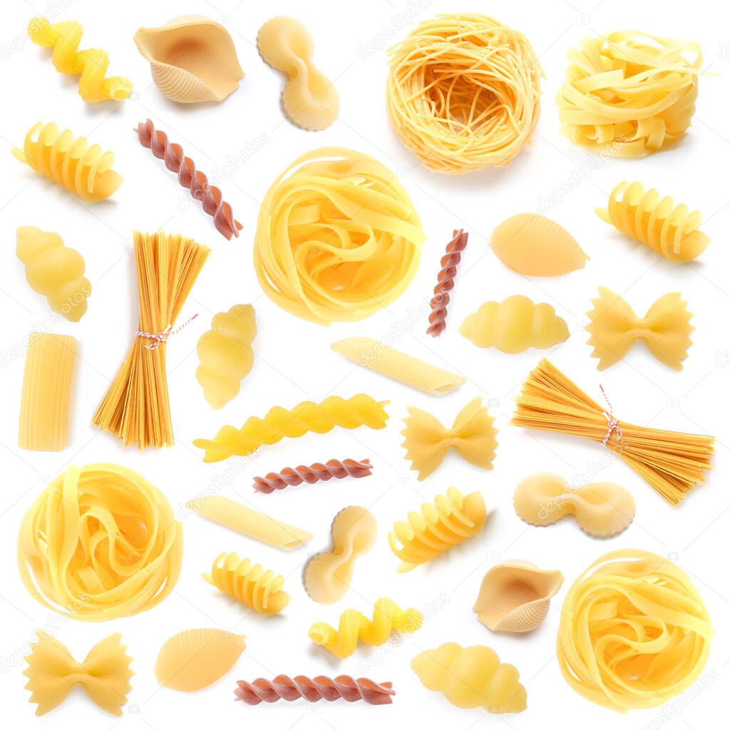 Collage of traditional Italian pasta on white background