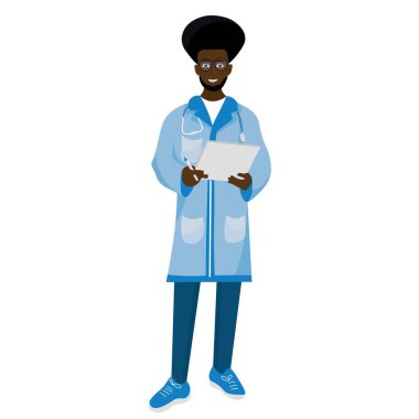 Beyaz arka planda panosu olan Afrikalı Amerikalı bir erkek doktor.