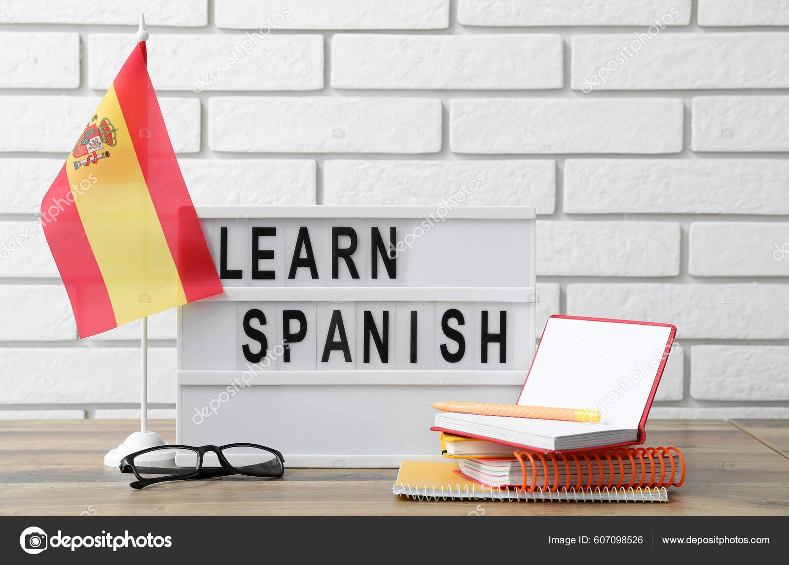 Board Text Learn Spanish Flag Notebooks Eyeglasses Table White Brick
