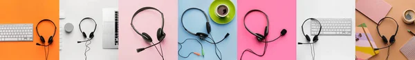 Collage of headsets, cups of coffee, laptop, computer keyboards, speaker and notebooks on color background