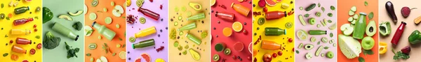 Collage Bottiglie Con Bevande Disintossicanti Sfondo Colori Vista Dall Alto — Foto Stock