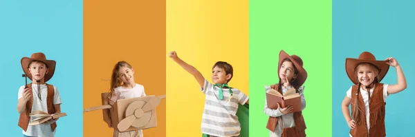 Collage Aktiver Kleiner Kinder Auf Farbigem Hintergrund — Stockfoto