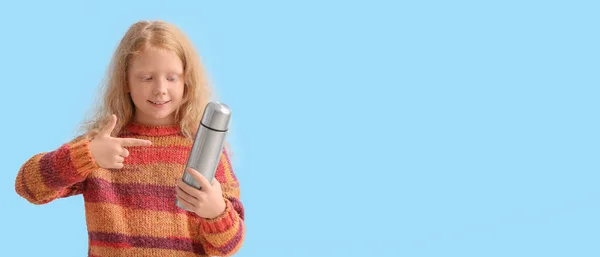 Little Girl Pointing Thermos Light Blue Background Space Text — Stock Photo, Image