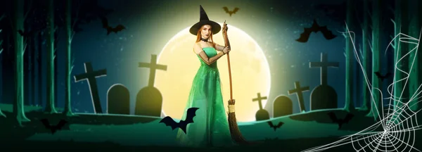 Banner with witch and creepy cemetery at night. Halloween celebration