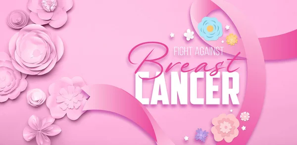 Прапор Паперовими Квітами Текстом Fight Gainstreast Cancer Рожевому Фоні — стокове фото