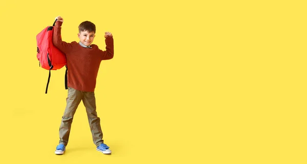 Little Schoolboy Holding Backpack Yellow Background Space Text — Fotografia de Stock