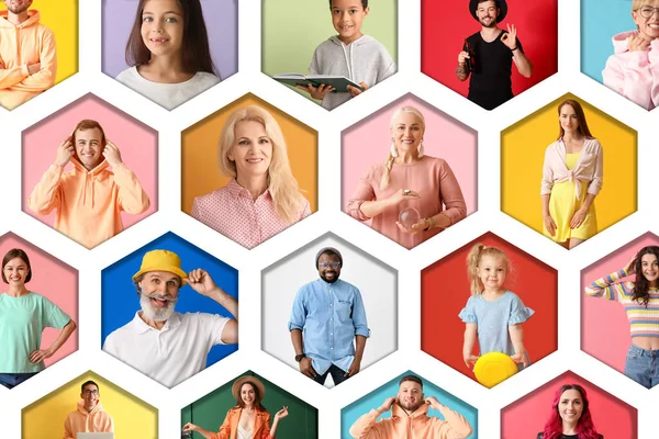 Groep Van Verschillende Gelukkige Mensen Kleurrijke Achtergrond — Stockfoto