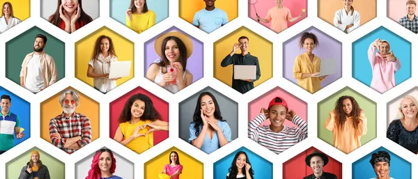 Colagem Diferentes Pessoas Felizes Fundo Colorido — Fotografia de Stock