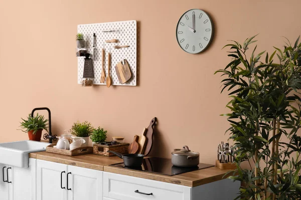 Kitchen Counters Sink Houseplants Utensils Beige Wall — Stock Photo, Image
