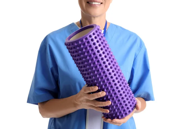 Mature Physiotherapist Foam Roller White Background — 图库照片