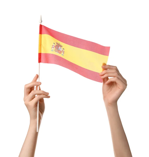 Γυναίκα Σημαία Της Ισπανίας Λευκό Φόντο — Φωτογραφία Αρχείου
