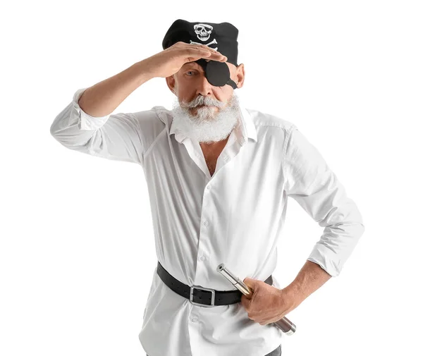 Mature Bearded Man Dressed Pirate White Background — Stock Photo, Image