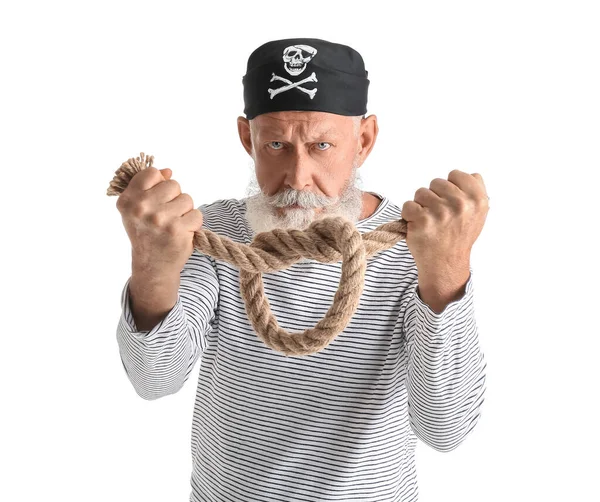 Ältere Bärtige Mann Als Pirat Mit Seil Auf Weißem Hintergrund — Stockfoto