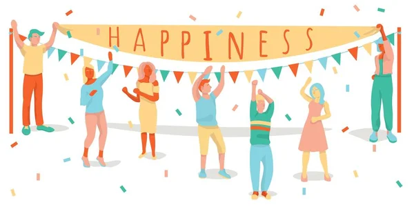 Groep Dansende Mensen Met Woord Happiness Witte Achtergrond — Stockvector