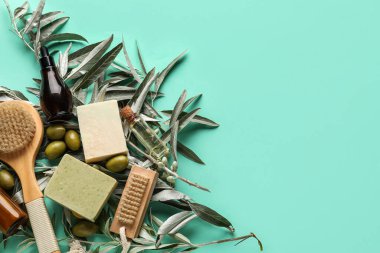 Doğal kozmetik ürünleri, masaj fırçaları, yeşil zeytinler ve renk arkaplanındaki dallarla kompozisyon