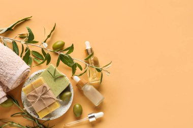 Renkli arkaplanda zeytinyağı ve sabun kalıpları