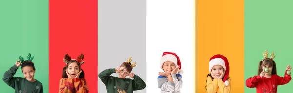 Kolekce Šťastných Malých Dětí Zimním Oblečení Vánoční Výzdobou Barevném Pozadí — Stock fotografie