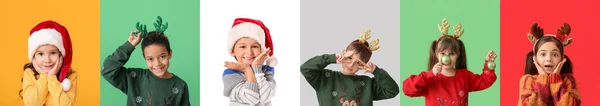 Collage Bambini Felici Abiti Invernali Con Decorazioni Natalizie Sfondo Colori — Foto Stock