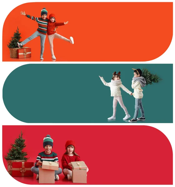 Collage Von Glücklichen Kleinen Kindern Winterkleidung Mit Geschenken Und Weihnachtsbäumen — Stockfoto