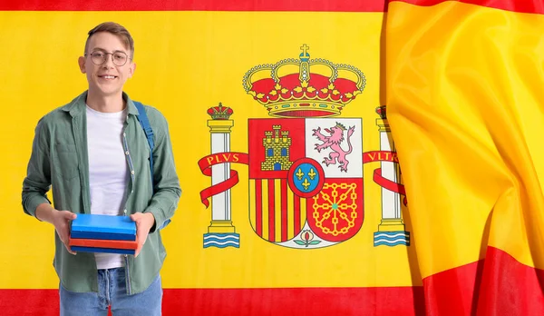 Diák Könyvekkel Spanyol Zászló Ellen Spanyol Tanulás Fogalma — Stock Fotó