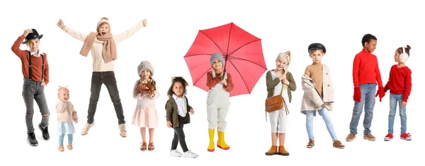 Sada Roztomilé Malé Děti Podzimním Oblečení Izolované Bílém — Stock fotografie