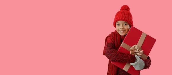 Cute Little African American Boy Winter Clothes Christmas Gift Pink — Stock Photo, Image