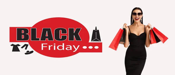 Vacker Ung Kvinna Med Shoppingväskor Ljus Bakgrund Black Friday Försäljning — Stockfoto