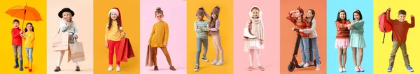 Kolaż Małych Dzieci Ciepłych Ubraniach Tle Koloru — Zdjęcie stockowe