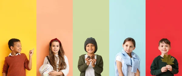 Set Van Kinderen Warme Kleren Kleurrijke Achtergrond — Stockfoto
