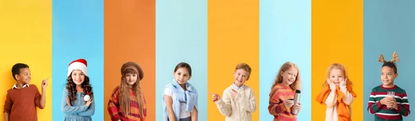 Набор Детей Теплой Одежде Красочном Фоне — стоковое фото