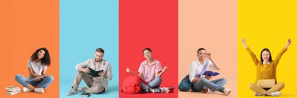 Collage Van Studenten Kleur Achtergrond — Stockfoto