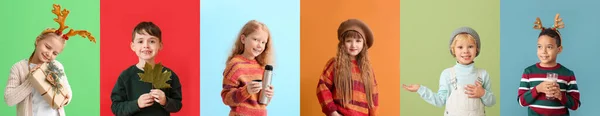 Set Children Warm Sweaters Colorful Background — Stock Photo, Image