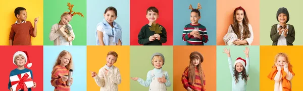 Conjunto Niños Suéteres Cálidos Sobre Fondo Colorido —  Fotos de Stock