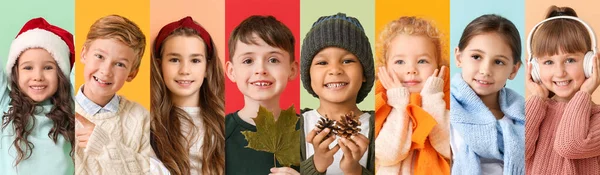 Kolaż Dziećmi Ciepłych Swetrach Kolorowym Tle — Zdjęcie stockowe