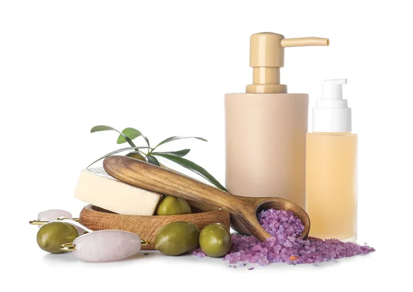 Uppsättning Naturliga Kosmetiska Produkter Med Ansiktsmassage Verktyg Och Gröna Oliver — Stockfoto