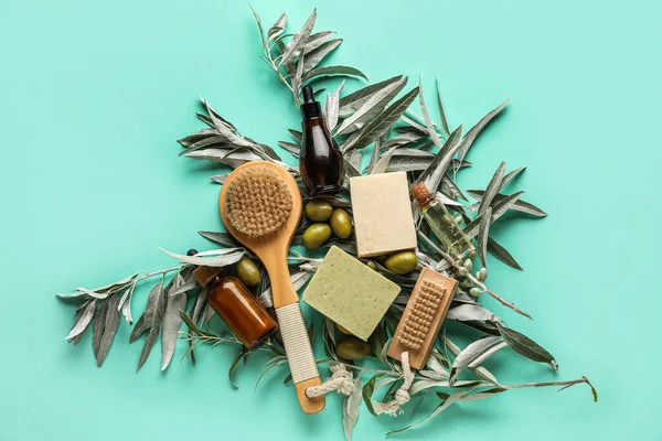 Composition Natural Cosmetic Products Massage Brushes Green Olives Branches Color — Stock Photo, Image