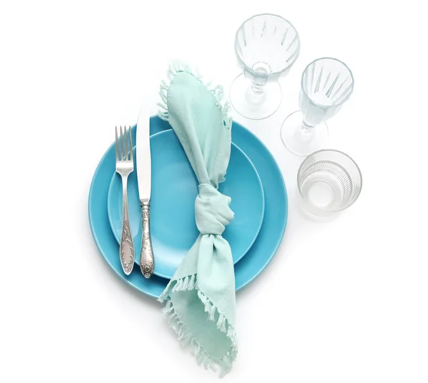Trendy Table Setting Blue Plates White Background — Stock Photo, Image