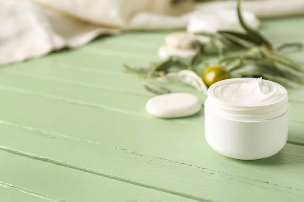 Jar Olive Cream Color Wooden Background — Stock Photo, Image