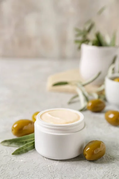 Jar Natural Olive Cream Light Table — Stock Photo, Image