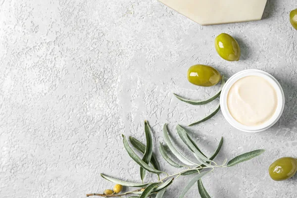 Jar Natural Olive Cream Light Background — Stock Photo, Image
