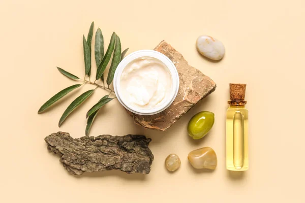 Composition Jar Natural Olive Cream Oil Color Background — Stock Photo, Image