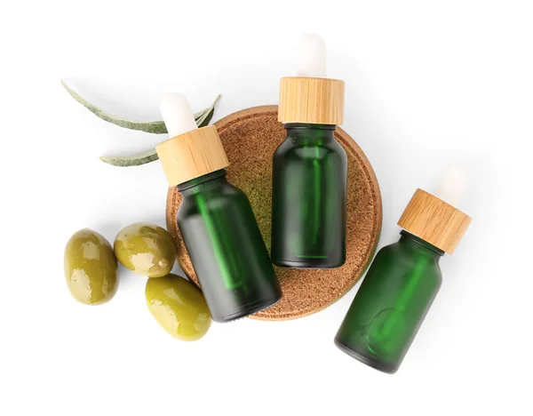 Flaskor Med Eterisk Olivolja Isolerad Vit Bakgrund — Stockfoto