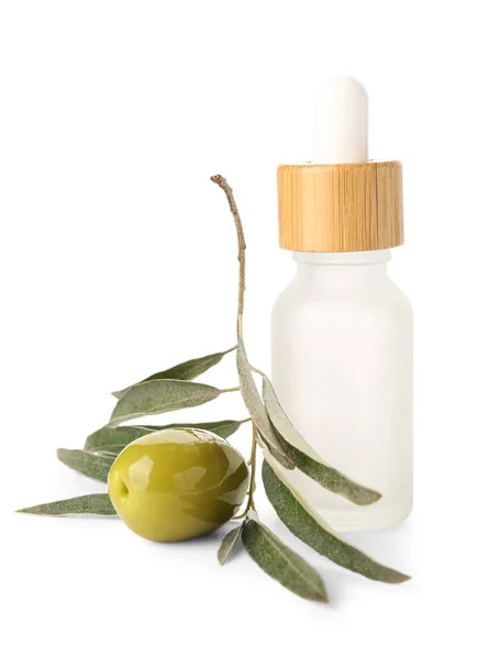 Bottle Essential Olive Oil White Background — Stock Photo, Image