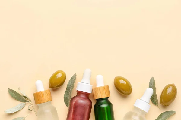 Composition Bottles Essential Olive Oil Color Background — Stock Photo, Image